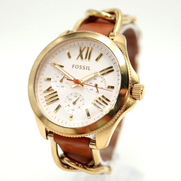 Fossil Cecile Womens Gold Tone Calendar 40mm Watch Brown Leather w New Battery - Picture 1 of 14